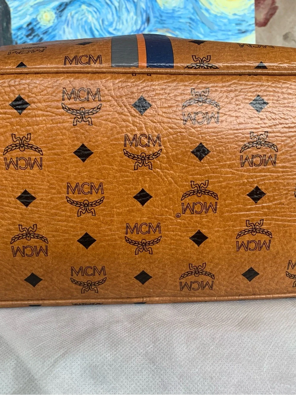 MCM Cognac Visetos Tote with Navy and Orange Center Stripe with Bone. EUC - Picture 6 of 16